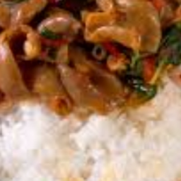 KH08.19 ผัดกะเพราไส้อ่อนหมูพะโล้ 50 กรัม ราดข้าว