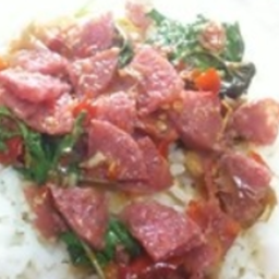 KH08.54 ผัดกะเพราแหนมหมู 50 กรัม ราดข้าว