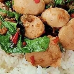 KH08.23 ผัดกะเพราลูกชิ้นหมูฮั้งเพ้ง 50 กรัม  (5 ลูก) ราดข้าว