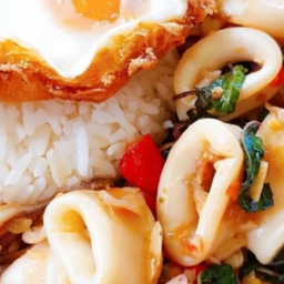KH08.44 ผัดกะเพราปลาหมึก 50 กรัม+ไข่ดาว 1 ฟอง ราดข้าว