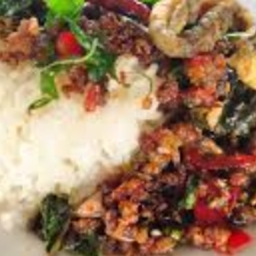 KH08.11 ผัดกะเพรา กบทอด 50 กรัม ราดข้าว