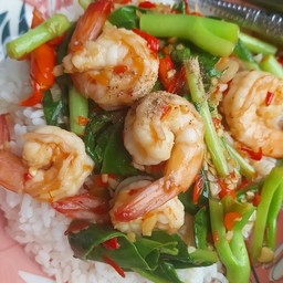 ข้าวหน้าผัดคะน้ากุ้งสด