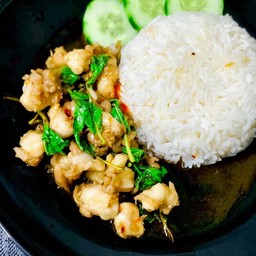 ผัดกระเพราเอ็นไก่ราดข้าว