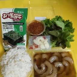 เซตกุ้งแช่น้ำปลากวน+ข้าวญี่่ปุ่น+สาหร่าย+ชุดผักพร้อมน้ำจิ้มซีฟู้ด