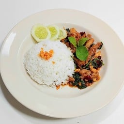 ข้าวหน้าผัดกระเพราพริกแห้งไก่เทริยากิ