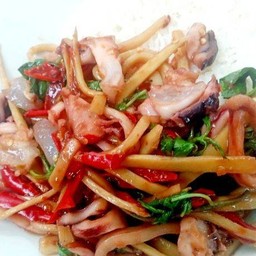 ปลาหมึกผัดหน่อไม้ใบโหระพาราดข้าว