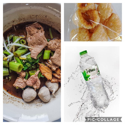 .ชุดอิ่มคุ้ม__ก๋วยเตี๋ยวน้ำตกรวมเนื้อ+แคบหมู+น้ำเปล่า.