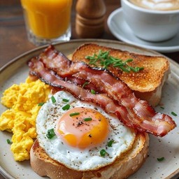 เบคอน + ไข่ดาว + ไส้กรอก + ขนมปังปิ้ง