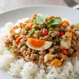 หมูสับคั่วไข่เค็มราดข้าว