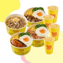 ข้าวด้งเปปเปอร์หมู+ข้าวด้งยากินิกุหมูและไข่+ข้าวด้งเทริยากิแซลมอนและไข่+ข้าวด้งเทริยากิแฮมเบิร์กและไข่+ชาเขียวเย็น 4 แก้ว