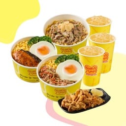 ข้าวด้งเปปเปอร์หมู+ข้าวด้งยากินิกุหมูและไข่+ข้าวด้งเทริยากิแซลมอนและไข่+หนังไก่กรอบ+ชาเขียวเย็น 3 แก้ว