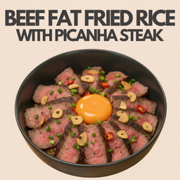 ข้าวผัดมันเนื้อ สเต๊กพิคานย่า เสิร์ฟพร้อมไข่ดอง
