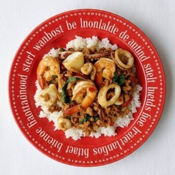 กะเพรารวมหมูหมึกกุ้ง+ข้าวหอมมะลิ