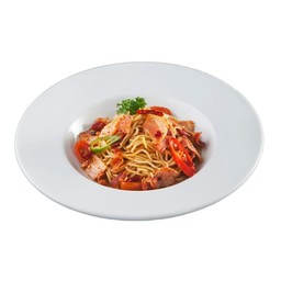 สปาเก็ตตี้กระเทียมพริกแห้งแฮมไส้กรอก Spaghetti with Garlic, Dried Chili, Ham, and Sausage