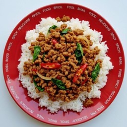 ผัดพริกสดโหระพาหมูสับ+ข้าวหอมมะลิ