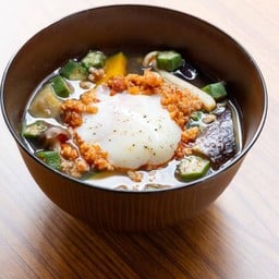 Egg plant okra& spicy pork miso soup with onsen egg