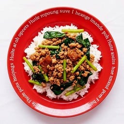 ผัดคะน้าใส่หมูสับปลาเค็มราดข้าวหอมมะลิ+ไข่ดาว