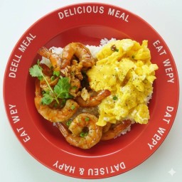 กุ้งผัดซอสกระเทียมXไข่คั่วนุ่มราดข้าวหอมมะลิ