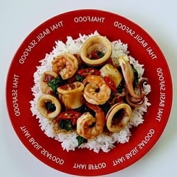 กะเพราหมึก+กุ้งราดข้าวหอมมะลิ+ไข่ดาว