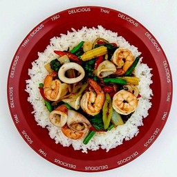 ผัดขี้เมาทะเลราดข้าวหอมมะลิ+ไข่ดาว