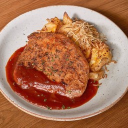 สเต็กหมูซอสบาร์บีคิว+มันเวจอบชีส