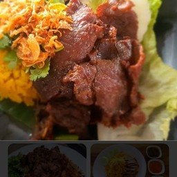 อาหารชุด/ข้าวหมกเนื้อทอด+ไข่ต้ม+ซุปไก่+ผักสดอาจาด+ชาดำมะนาว