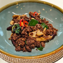 Vegan Stir-Fried Spicy Basil Leaves with Minced Soy  Beef