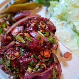 ส้าเนื้อ  ดิบ/สุก ( ขม-ไม่ขม )