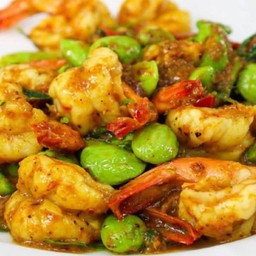 พริกแกงกุ้งสะตอ.ถั่ว.ราดข้าว