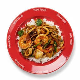 [ใส่ถุง] ทะเลผัดพริกเผาโหระพา+ข้าวหอมมะลิ