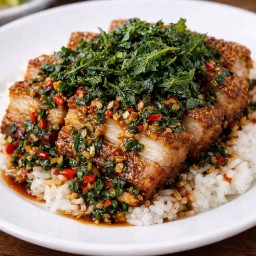 ข้าวหมูกรอบ ซอสกะเพรา