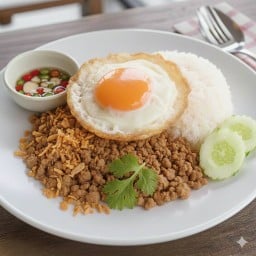 ข้าวหน้าผัดหมูสับซอสกระเทียมไข่ดาว