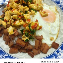 ข้าวหน้ากระเพราอกไก่หั่นเต๋า+กุนเชียงหั่นเต๋า+ไข่ดาวไม่สุก