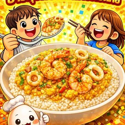 ข้าวกุ้งหมึกผัดผงกะหรี่ราดข้าว