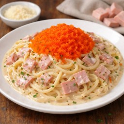 สปาเกตตีครีมซอสแฮม + ไข่กุ้ง