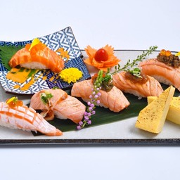 SALMON PARADE SET / Salmon Mentai, Salmon Kanimiso, Salmon Saikyo, Salmon Spicy Ebiko, Salmon Kizami Ikura, Salmon Foie Gras, Tamagoyaki