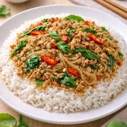 ข้าวผัดกะเพราวุ้นเส้นหมูสับ