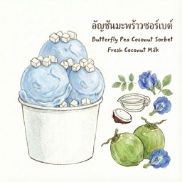 ไอศครีมมะพร้าวเผาอัญชัน พร้อมเต๋ามะพร้าวหอมนุ่มนิ่ม