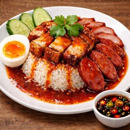 ข้าวหมูแดง+หมูกรอบ+ไข่+กุนเชียง