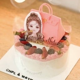 ครึ่งปอนด์ รูปผู้หญิง กระเป๋า Hermes สีชมพู ตกแต่งผลไม้