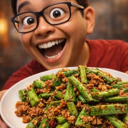 ข้าวผัดพริกแกงหมูสับถั่วฝักยาว