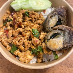 กระเพราไก่ไข่เยี่ยวม้า  ราดข้าว (พริกแห้ง)