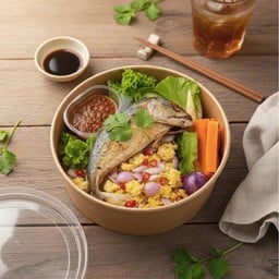 ข้าวคลุกน้ำพริก+ปลาทูทอด+ไข่ขยี้พริกหอมแดง