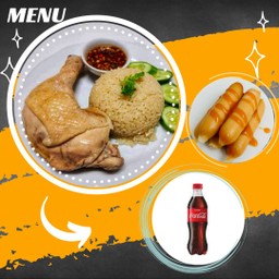 [อร่อยซ่ากับโค้ก]ข้าวมันไก่ยกน่อง+ไส้กรอกไก่4ชิ้น+โค้ก330ml