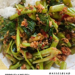 ข้าวหน้าผัดพริกแกงผักบุ้งไทยไก่สับ