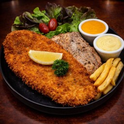 สเต็กอกไก่ย่าง + ปลาทอดดอลลี่ทอด