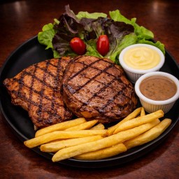 สเต็กหมูสันคอ + ไก่สไปร์ซี่