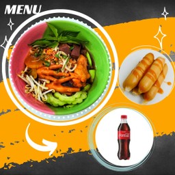 [อร่อยซ่ากับโค้ก]เตี๋ยวไก่มะระ+ไส้กรอก4ชิ้น+โค้ก330ml