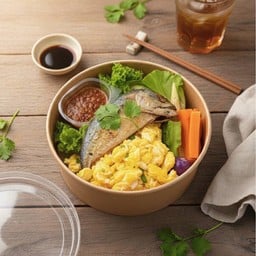 ข้าวคลุกน้ำพริก+ปลาทูทอด+ไข่ขยี้