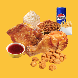 Set A: สะโพก 1 น่อง 1 + ฟรายส์ [ปกติ] + ไก่กรอบหาดใหญ่ + หอมเจียว ข้าวเหนียว น้ำจิ้ม